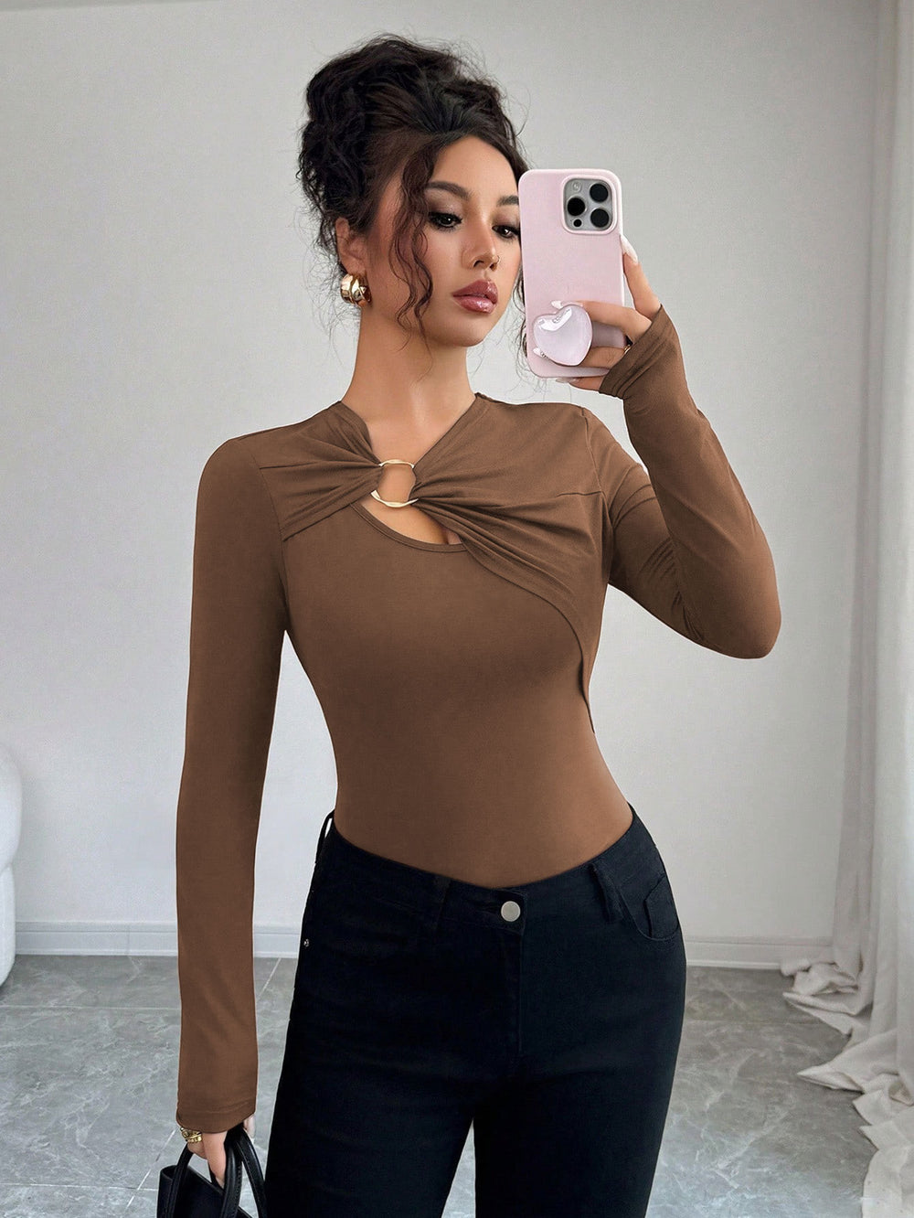 Amazon fashionexport women's pure colorsense of designcut outlong sleeves right shoulder t-shirt silmeleganttops