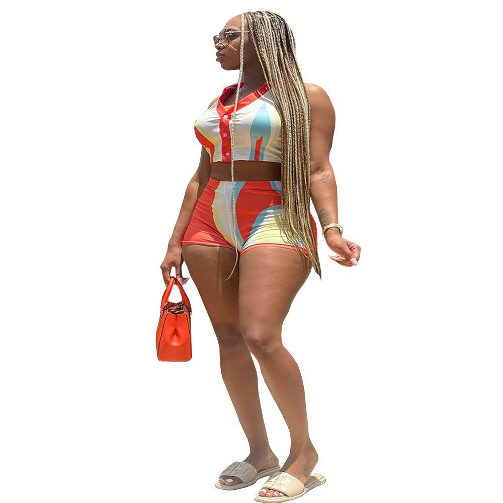 European and american style sexy pant set -  cross-border women's casual printed sleeveless top and elastic waist shorts