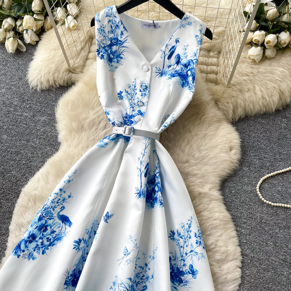 Blue and white porcelain style sleeveless floral print dress - women's summer v-neck, slimming, elegant maxi dress for work and casual wear