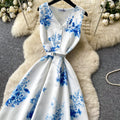 Blue and white porcelain style sleeveless floral print dress - women's summer v-neck, slimming, elegant maxi dress for work and casual wear