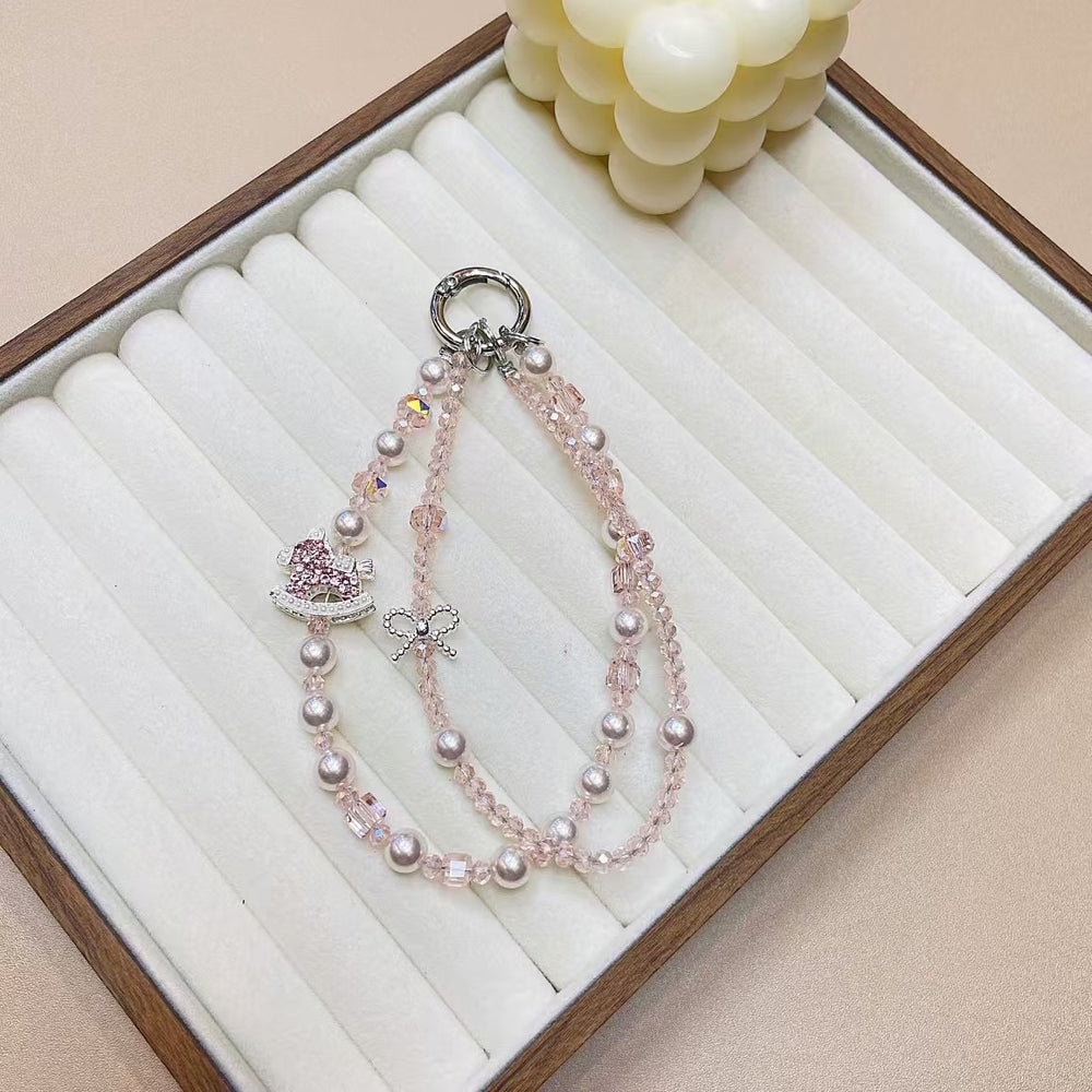 Women's mobile phone chain creative insfashion mobile phone pendant diy handmade pearl crystal rhinestone double chain lanyard new arrival