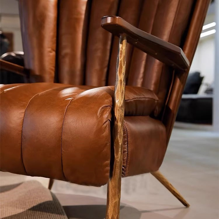 Vintage-style hand-forged solid wood armrest cigar chair, retro distressed leather single leisure chair, home design