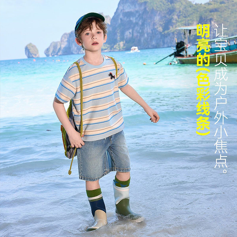 Kids' short-sleeve summer outfit : stylish lightweight summer shirt for boys, baby polo shirt with pony stripes, boys' single top