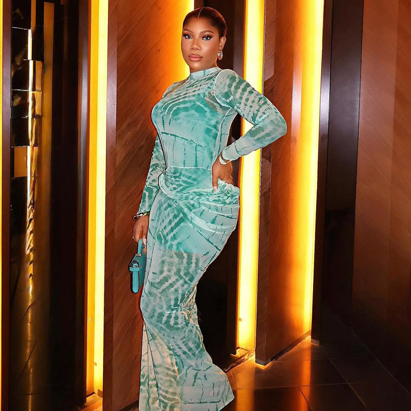 European and american style cross-border printed mesh women's dress - fitted waist, bodycon, high neck, fashionable long sleeve, elegant maxi dress