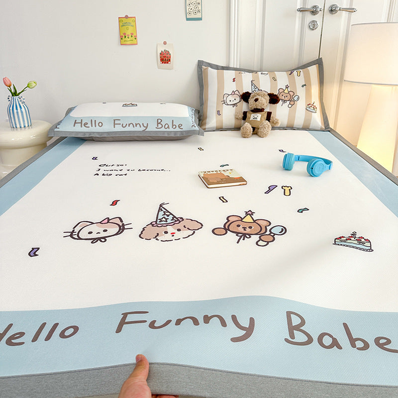 Summer cute ice silk mat three-piece set 1.8 meters single dormitory 0.9 cool silk carbon light foldable soft mat