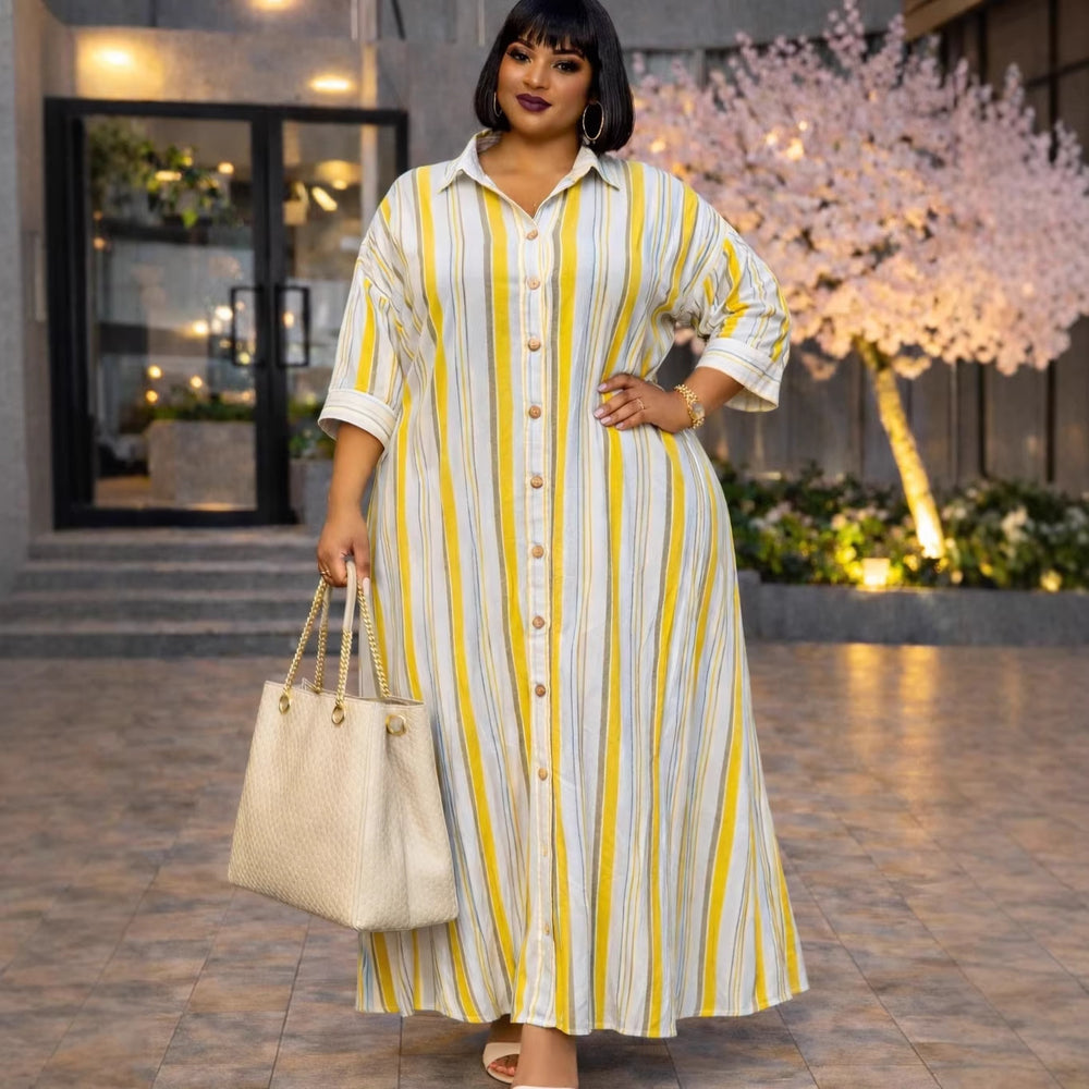 European and american cross-border women's fashion:  summer new arrivals - stylish and elegant striped button-down casual shirt dress (long length)
