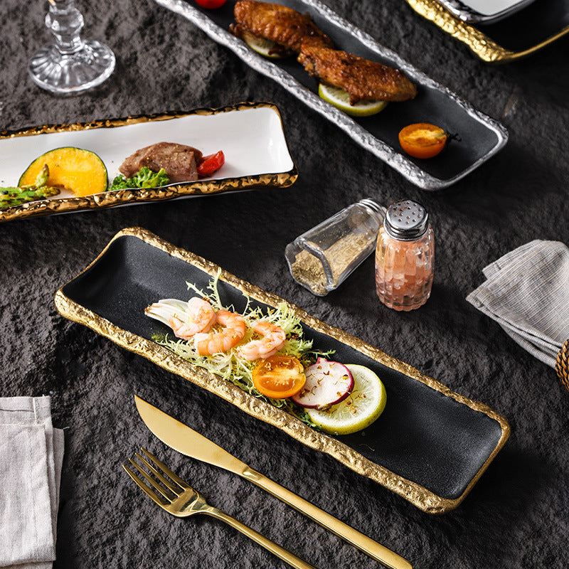 High-end ceramic japanese-style long sushi plate, perfect for showcasing dishes in stylish restaurants and hotels. a visually appealing, elongated serving platter