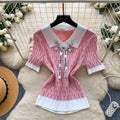 Gentle wind doll collar bowsknitting shirt for women summercasualcasualcontrast colorsweeteasiest for matcheleganttops