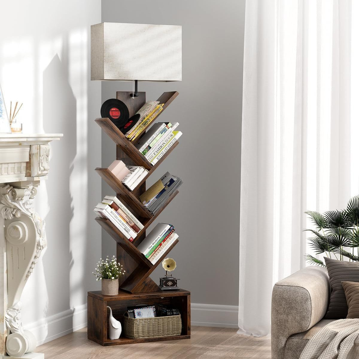 Wooden bookshelf Creative tree-shaped floor-to-ceiling shelf Household living room storage rack Corner bookcase Children's storage cabinet