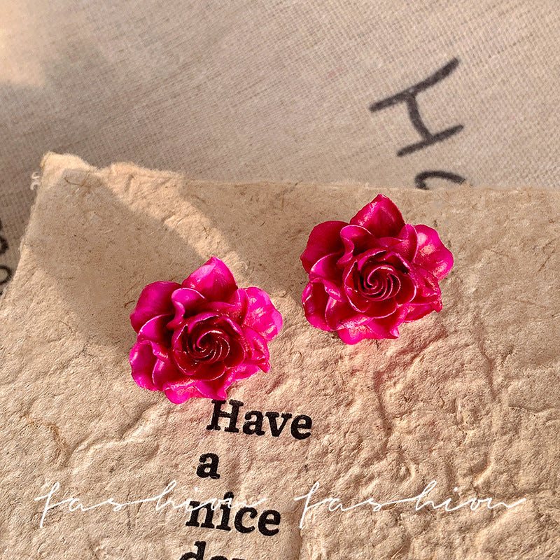 New rose red resin flower earrings - minimalist, sweet, elegant, and luxurious. versatile stud earrings for women - wholesale