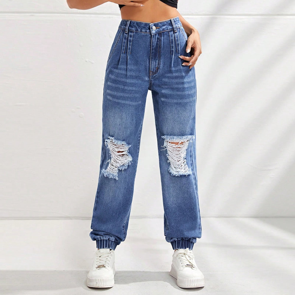 15081#  cross-border women's fashion ins new high-waisted slimming distressed jogger jeans