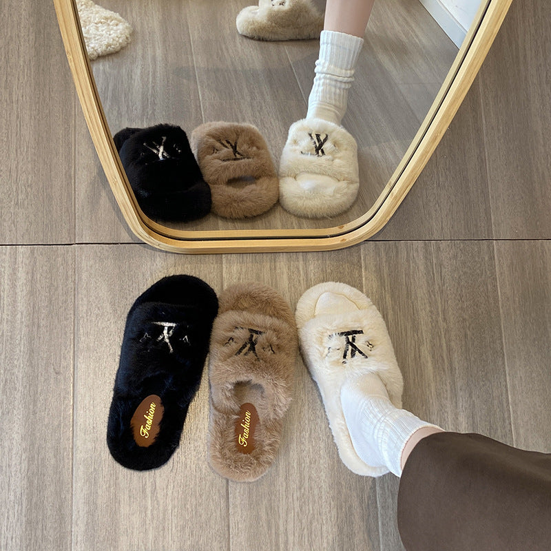 Embroidered trendy slippers for women, autumn/winter new arrivals, versatile retro comfort, fuzzy slippers, korean style cotton slippers