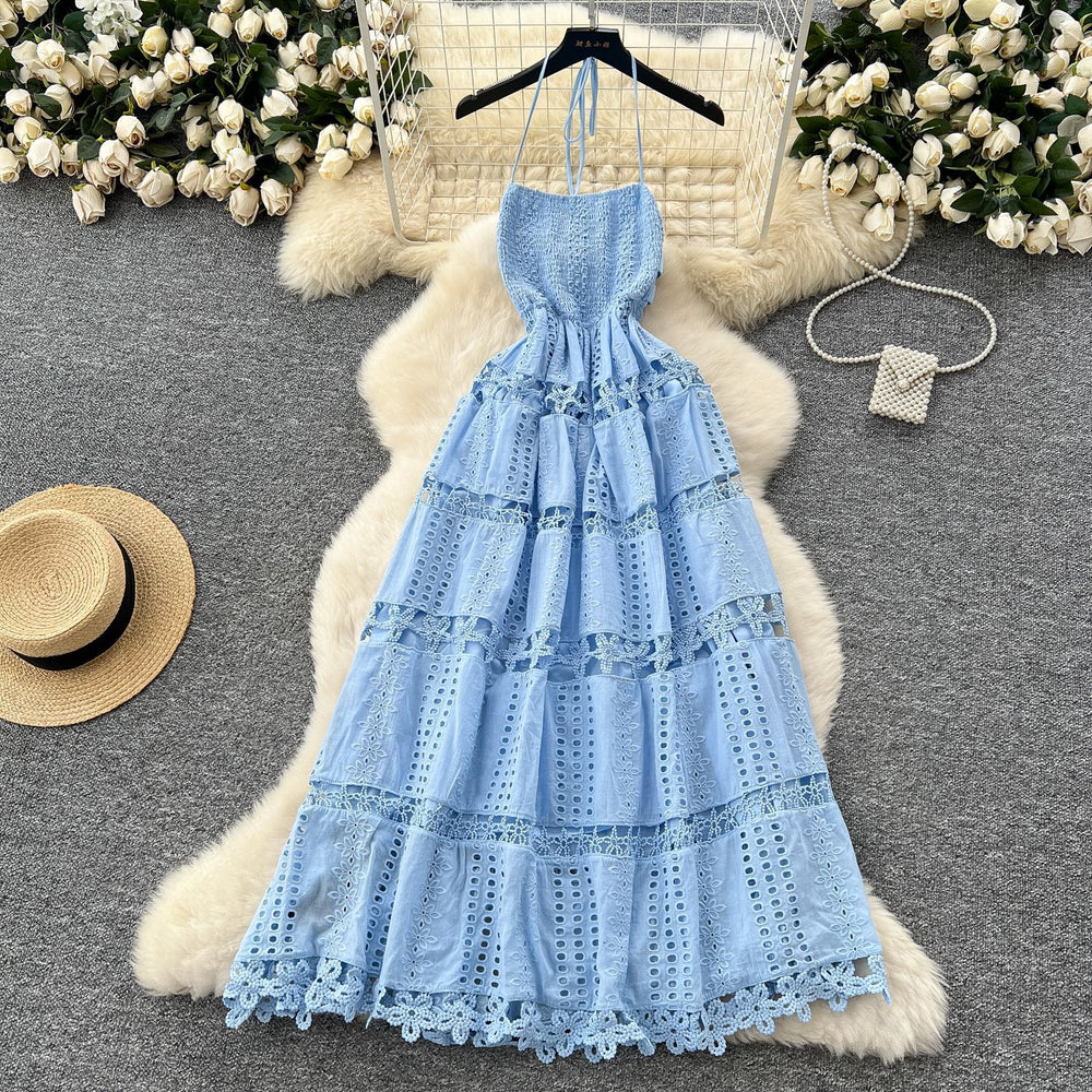 French chic halter neck backless dress - women's summer cutout crochet waist-defining elegant maxi vacation dress