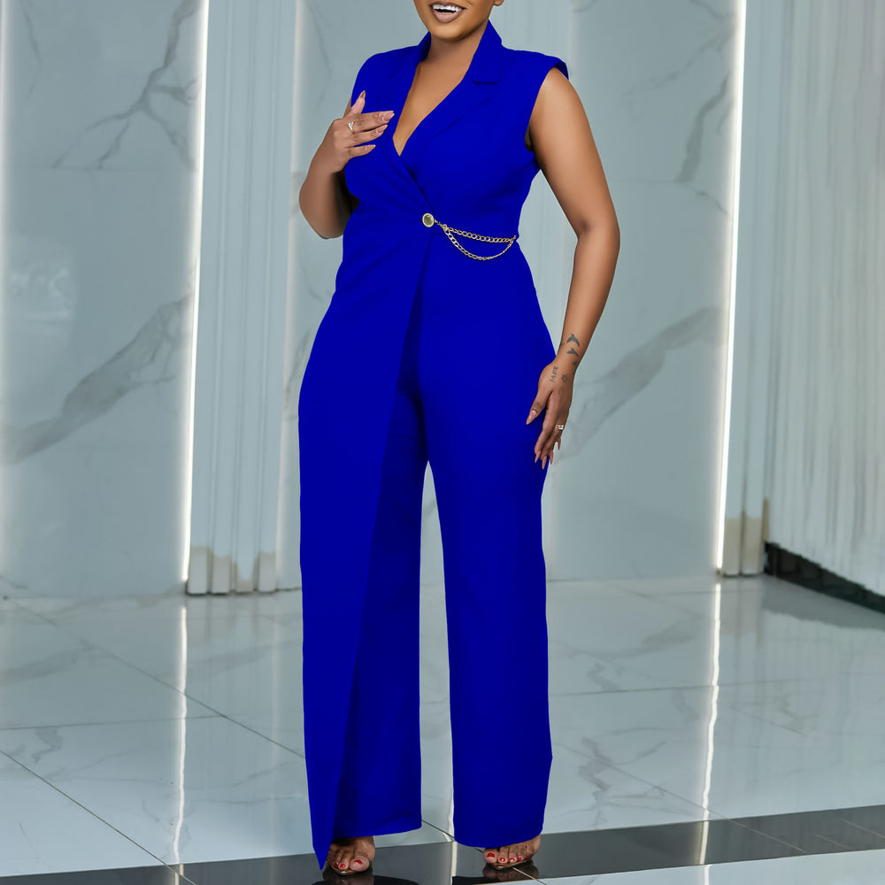 women's fashion: european and american style  summer sleeveless blazer collar elegant chic solid color plus size african jumpsuit