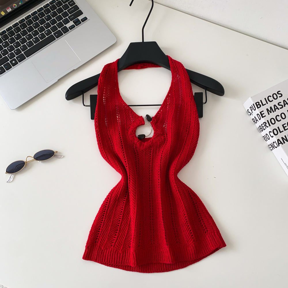Korean style halter knit cutout camisole - women's summer outerwear, designer cutout slim fit, commute chic top