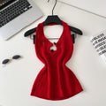 Korean style halter knit cutout camisole - women's summer outerwear, designer cutout slim fit, commute chic top