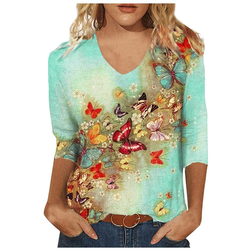 cross-border  women's casual printed v-neck 3/4 sleeve t-shirt top - in stock