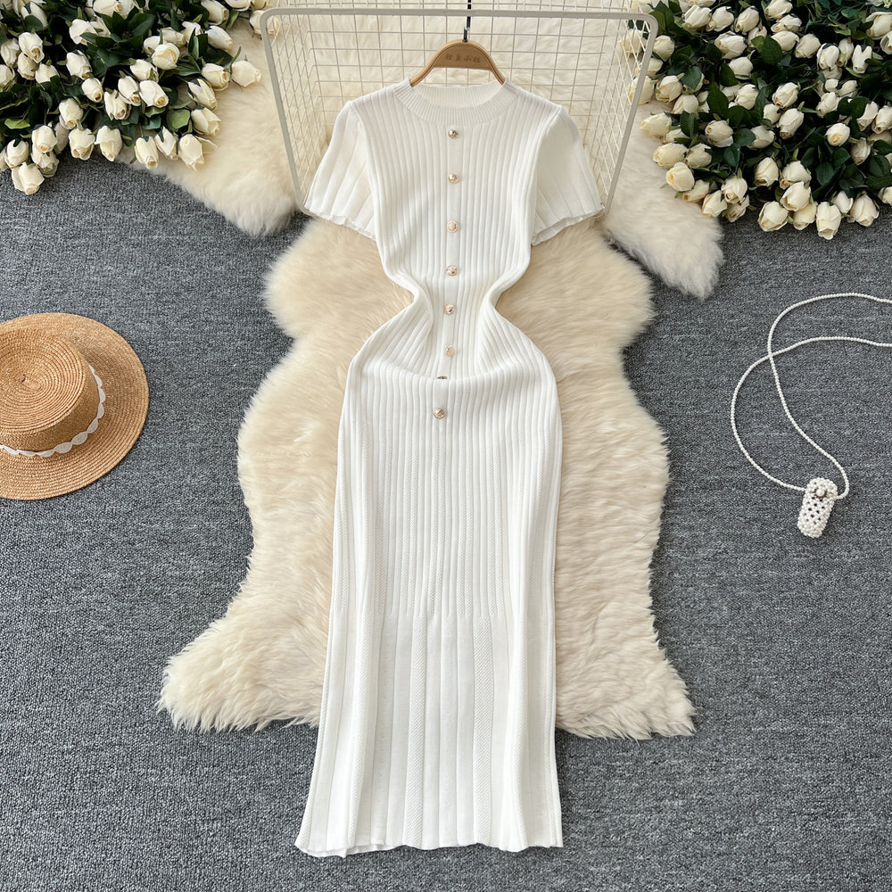 Elegant knittingnew arrivalclassy round neck single breasted short sleeve silmslimming lookfrench mid-length dress