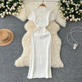 Elegant knittingnew arrivalclassy round neck single breasted short sleeve silmslimming lookfrench mid-length dress