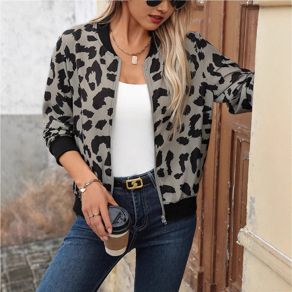 European and american cross-border  leopard print women's cardigan jacket long sleeve versatile cropped baseball jacket