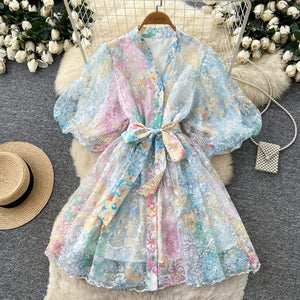 Frenchclassy palace style heavy industry flower embroiderdress women's waist slimming look a-line skirt elegant mesh skirt