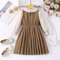 Girls' dress for toddlers and young children, featuring a patchwork collar, cinched waist, long sleeves, and pleated skirt