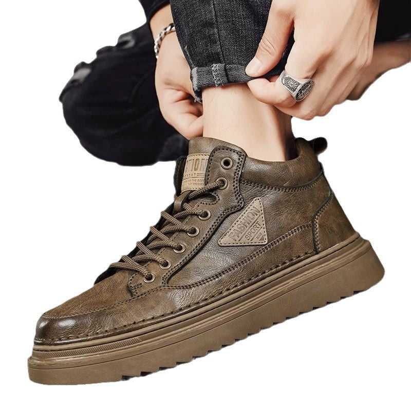 2025 spring new high-top martin boots for men - trendy, versatile, chunky sole casual leather shoes, workwear platform sneakers, streetwear shoes for men