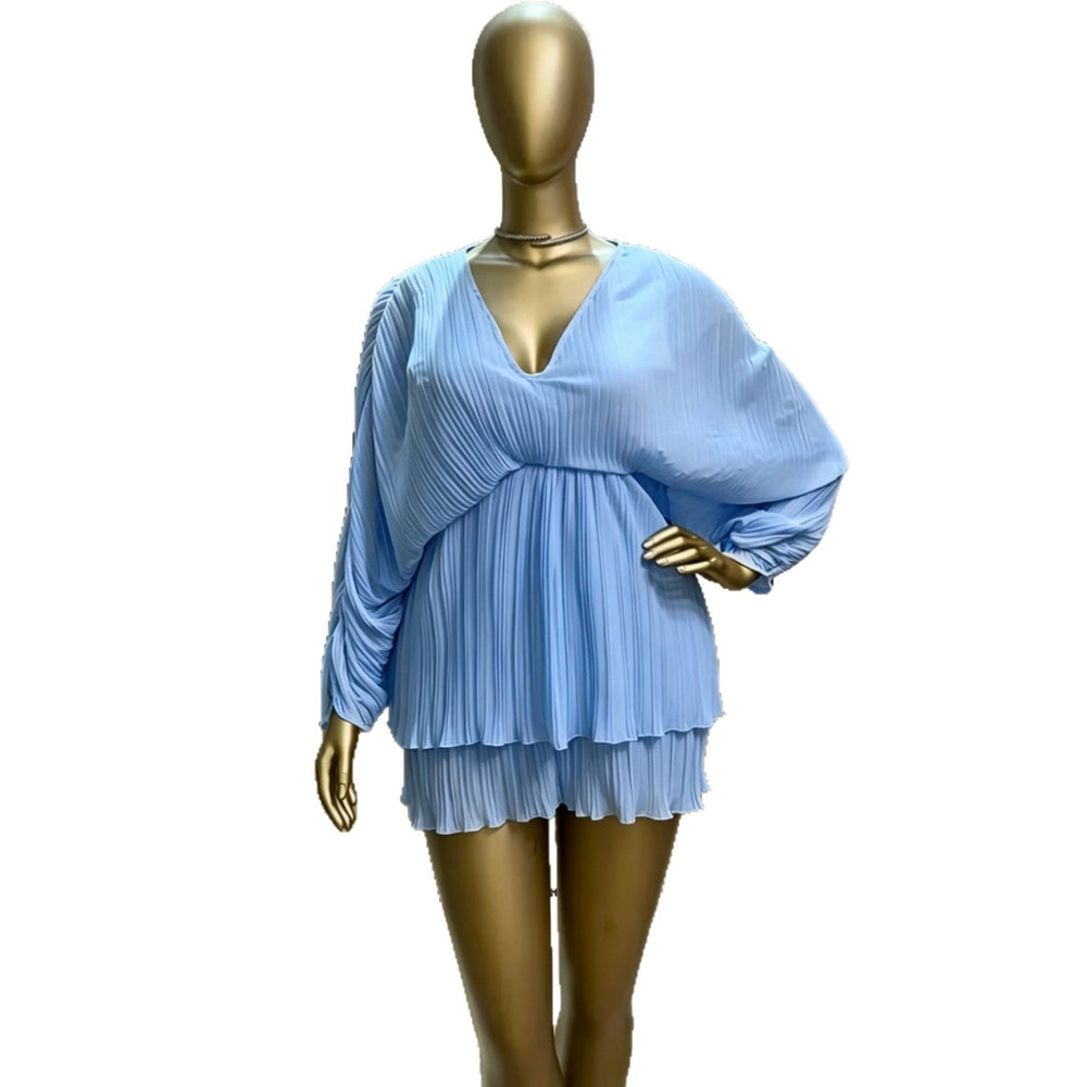 supply v neck pleated chiffon bat sleeve elastic waist free size short skirt dress