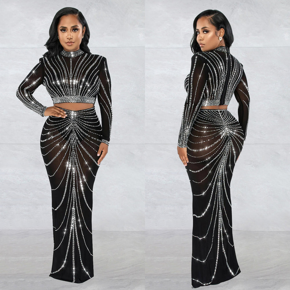 C6028 cross-border   fashion women's mesh rhinestone see-through long sleeve maxi dress two-piece set