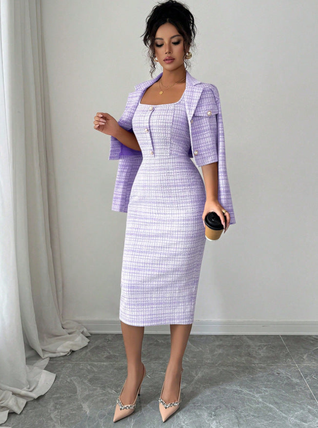 European and american autumn new arrivalfrenchretro tweed style lapel long sleevesoutwearelegant vest skirt two pieces