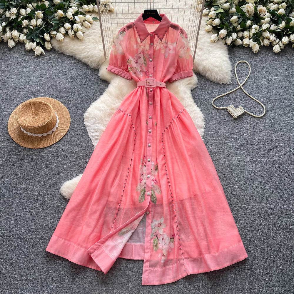 Elegant bubble sleeve floral embroidered dress - women's summer korean style a-line dress with cinched waist - soft & chic for work or play