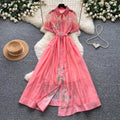 Elegant bubble sleeve floral embroidered dress - women's summer korean style a-line dress with cinched waist - soft & chic for work or play