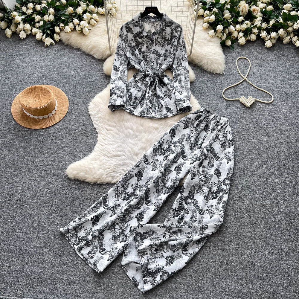 Lightly mature elegance style strappy v necktopshigh waistloose pantstwo-piece set female autumslimming look lazy fashionsuit