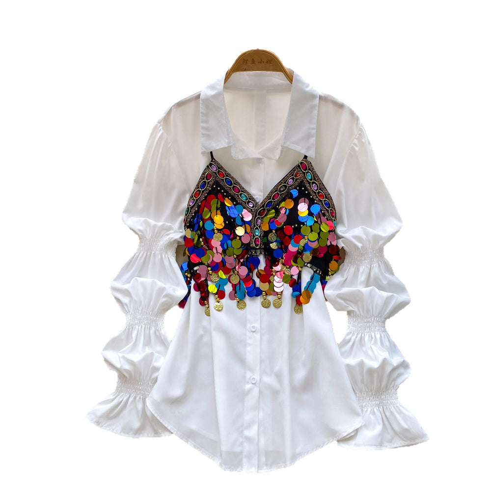Minimalist chic lantern sleeve sequin cami top - women's exquisite beaded sequin waist-tie versatile high-end blouse