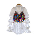 Minimalist chic lantern sleeve sequin cami top - women's exquisite beaded sequin waist-tie versatile high-end blouse