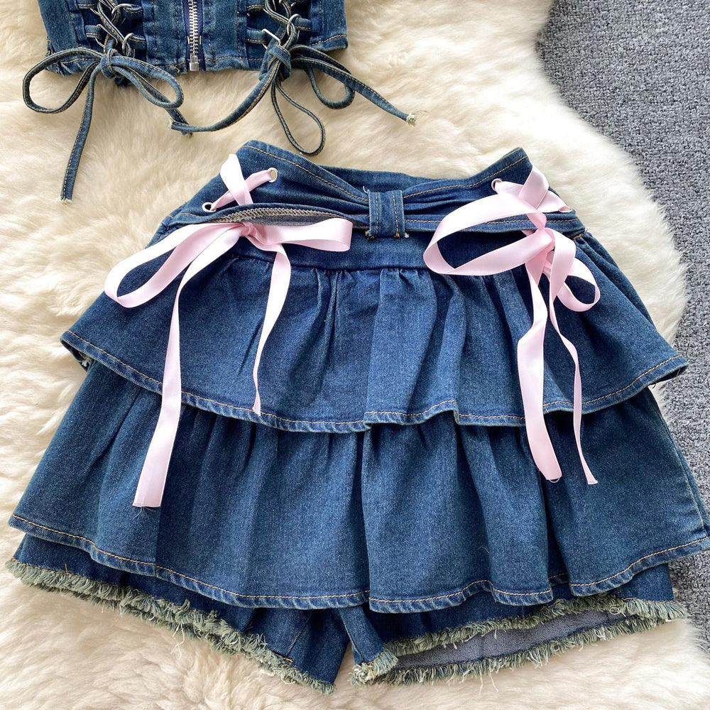 Pure desire sexy hot girl denim suit women's french strap sleeveless tube top vest high waist a-line cake skirt