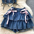 Pure desire sexy hot girl denim suit women's french strap sleeveless tube top vest high waist a-line cake skirt