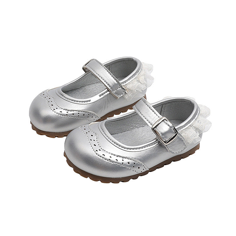 Girls' lace-trimmed princess shoes, new autumn  korean style, soft-soled black leather shoes for toddlers and little girls