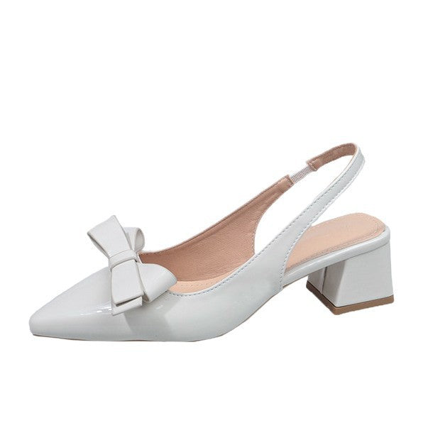 2025 summer new sweet style pointed-toe chunky heel fashion flats with bow detail, closed-toe high heel sandals for women