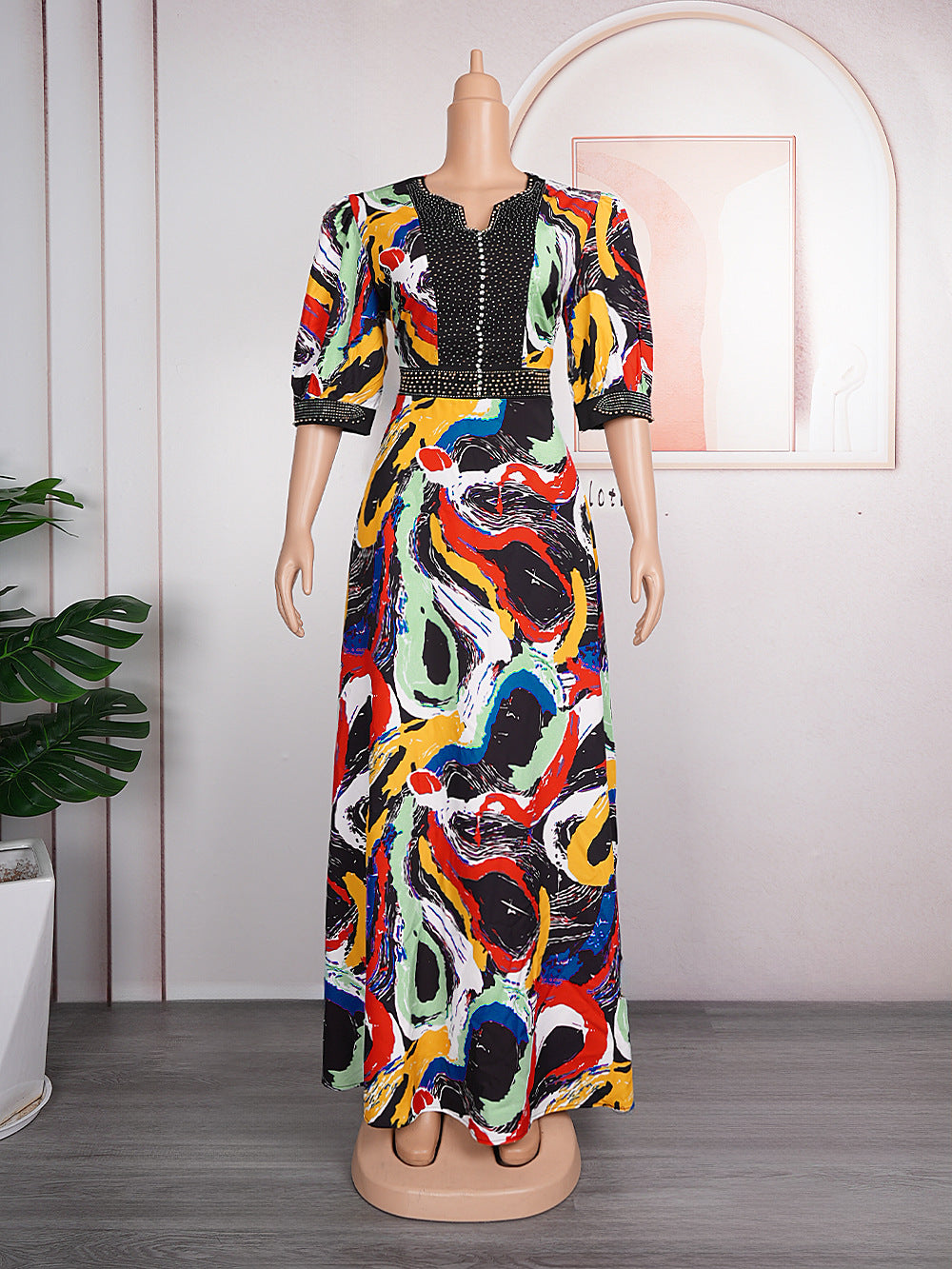 e-commerce   new print dress african plus size women's hotfix rhinestone beaded maxi dress