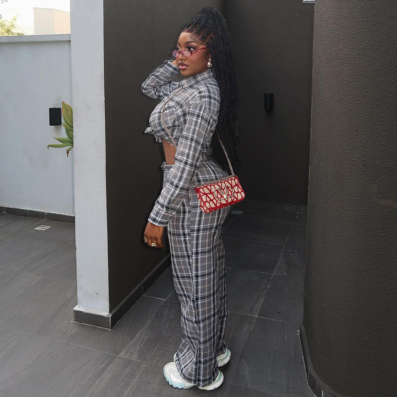 European and american women's clothing  autumn new collection: sweet and fresh plaid turn-down collar long-sleeve shirt and high-waisted straight-leg pants two-piece set