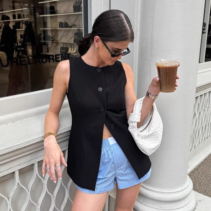 Europe, America summer commuter black crew neck cardigan vest women's design sense slim waist vest  workplace women's clothing