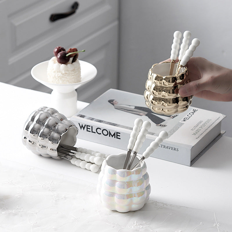 Ceramic fruit fork stainless steel creative pearl knife, fork and spoon suit customized tableware storage jar suit logo personalized