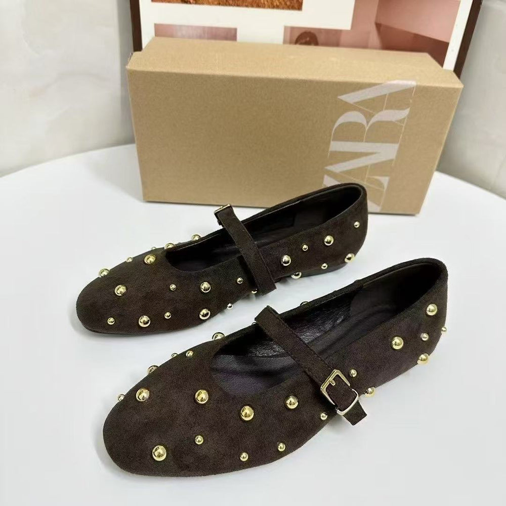 Za spain 2025 summer new arrival: single strap round toe rivet detail black brown suede ballet flats for women