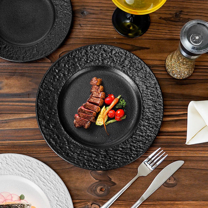 European-style embossed ceramic dinner plate - restaurant & hotel high-end rock texture steak flat plate - minimalist dessert presentation