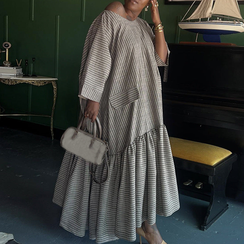European and american cross-border women's clothing:  spring new arrivals - fashionable, elegant, loose-fit, plus size, round neck, striped, long dress