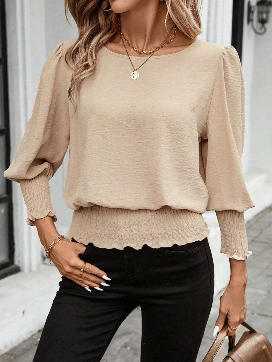 fashion cross-border women's spring & fallpure color long-sleeved ruffle sleeve round neck loose t-shirt