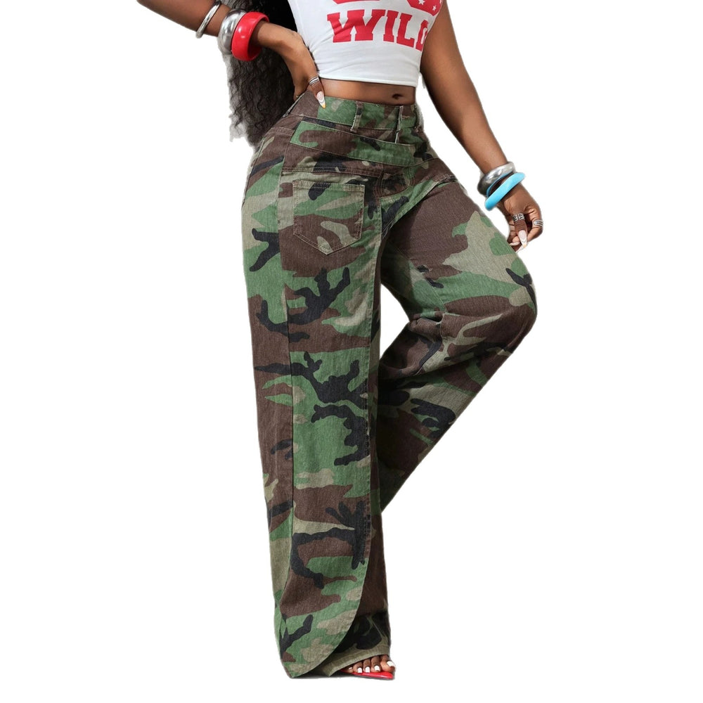 European and american style women's retro camouflage faux two-piece belted wide-leg jeans - high-waisted, floor-length cargo denim pants