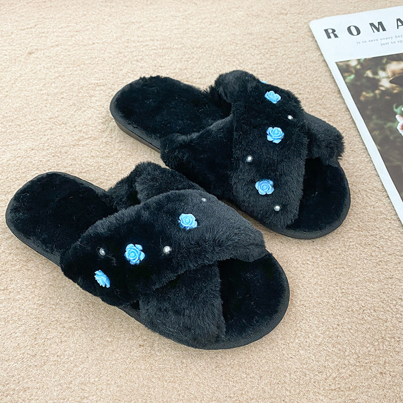 2024 new korean style floral plush slippers for women, autumn/winter home indoor flat pearl cross wooden floor fuzzy slippers