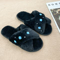 2024 new korean style floral plush slippers for women, autumn/winter home indoor flat pearl cross wooden floor fuzzy slippers